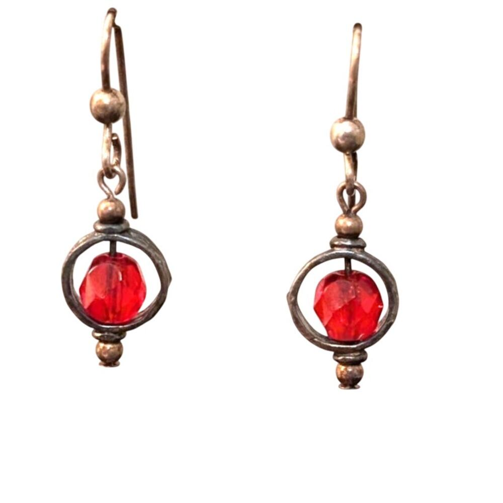 925 Sterling Silver Red Crystal Bead Dangle French Wire Earrings